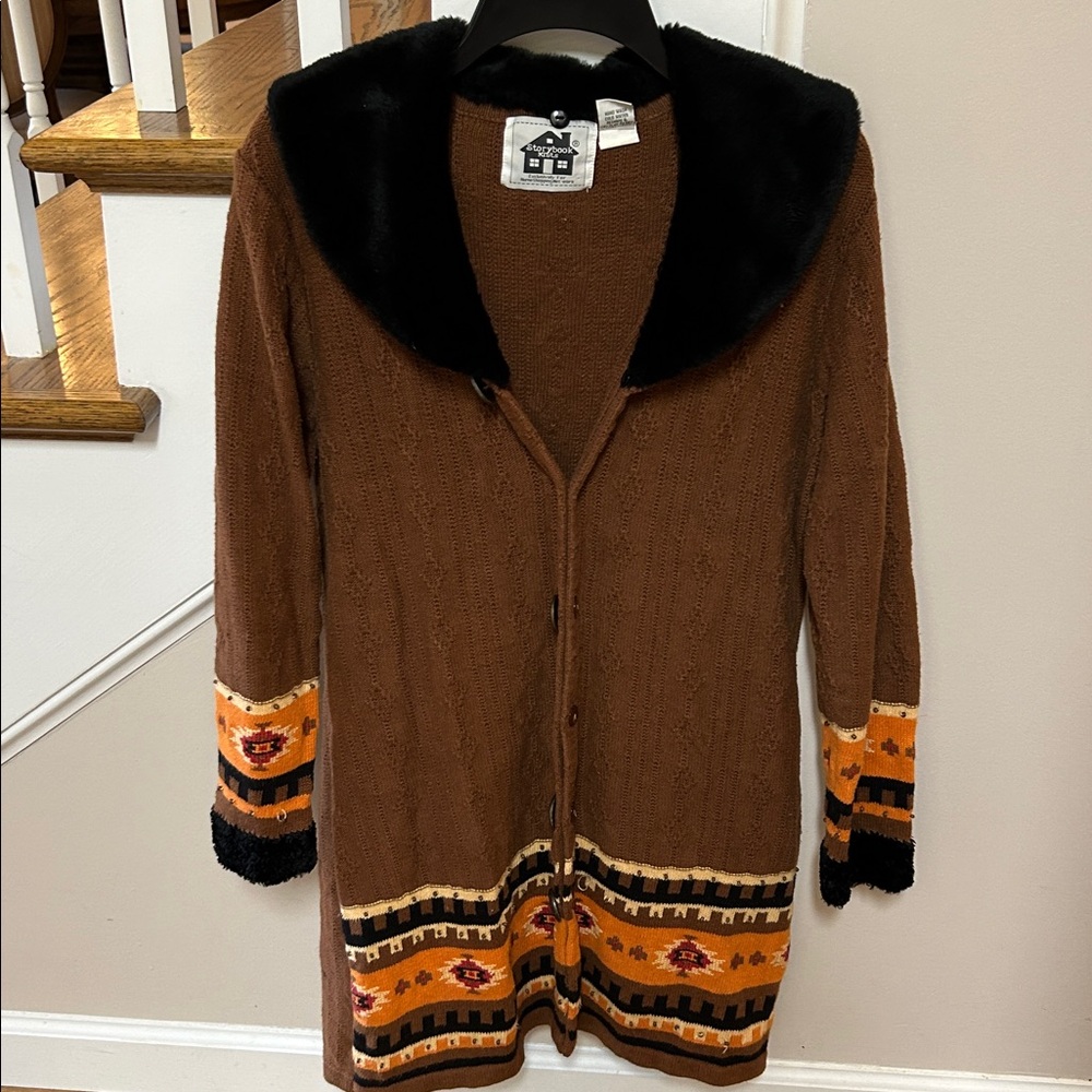 Storybook Knits M Mosaic Montage Southwest Brown Cardigan with Black Trim